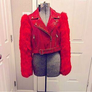 AZALEA WANG RED NOLLA FAUX FUR ARMS CROC MOTO JACKET Size: XL